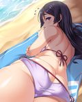  ass beach beach_towel bikini blush breasts commentary_request day dutch_angle fate/grand_order fate_(series) flying_sweatdrops from_behind highres horizon large_breasts long_hair looking_at_viewer looking_back lying minamoto_no_raikou_(fate/grand_order) moisture_(chichi) ocean on_side outdoors purple_bikini purple_eyes purple_hair sand shiny shiny_hair side-tie_bikini skindentation solo swimsuit towel very_long_hair water 