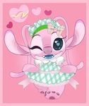  &lt;3 &lt;3_eyes 2017 4_toes alien angel_(lilo_and_stitch) antennae blue_eyes blue_mouth blue_tongue claws clothed clothing curtsey cute disney dress experiment_(species) eyelashes fur hair_bow hair_ribbon hat lilo_and_stitch no_sclera one_eye_closed open_mouth open_smile pink_background pink_border pink_claws pink_fur pink_nose ribbons simple_background smile solo toe_claws toes wink のんた 