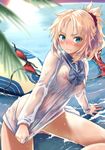 aqua_eyes arm_support bangs beach bikini bikini_removed blonde_hair blush braid breasts closed_mouth commentary_request day dress dress_tug fate/grand_order fate_(series) frown long_hair long_sleeves looking_at_viewer medium_breasts mordred_(fate)_(all) mordred_(swimsuit_rider)_(fate) mozu_(peth) nipples ocean outdoors palm_tree ponytail prydwen red_bikini sailor_dress see-through sitting solo surfboard swimsuit tree water wet wet_clothes white_dress 