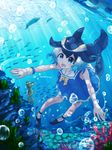  air_bubble black_hair blonde_hair blue_eyes blue_hair bow bowtie bracelet bubble common_dolphin_(kemono_friends) coral dolphin_tail dress fish highres jewelry kazuneko_(wktk1024) kemono_friends multicolored_hair open_mouth sailor_collar seahorse solo submerged teeth underwater water 