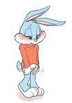  anthro blush bottomless buster_bunny chastity_cage clothed clothing cub embarrassed erection fur half-closed_eyes lagomorph lock looking_down male mammal penis rabbit shirt simple_background solo standing sweat tiny_toon_adventures warner_brothers young zehn 