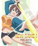  blush breasts brown_hair collarbone energy_sword green_eyes large_breasts midriff navel new_game! open_mouth shinoda_hajime shirosame short_hair shorts solo sword weapon 
