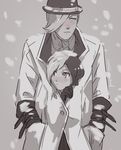  1girl bowler_hat coat gloves hat highres monochrome multicolored_hair neo_(rwby) roman_torchwick rwby snow_on_head snowing 