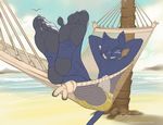  5_toes anthro beach blue_fur bonk feline foot_focus fur hammock hands_behind_head hindpaw male mammal outside paws seaside smile solo toes 