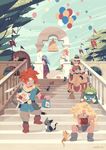  3girls :d arch ayla_(chrono_trigger) banner bell blonde_hair blue_eyes blue_hair boned_meat cat cat_food chrono_trigger crono day food hans_tseng highres holding holding_food kaeru_(chrono_trigger) long_hair looking_down lucca_ashtear magus marle meat multiple_boys multiple_girls open_mouth orange_hair pointy_hair railing robo sitting sky smile stairs standing wavy_hair 