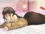  1girl ass bangs bed bed_sheet blush braid breast_press breasts brown_hair censored clenched_teeth glasses highres indoors large_breasts legs long_hair lying mole mole_under_eye mosaic_censoring off_shoulder on_stomach original pantyhose penis pink_eyes single_braid solo_focus sweater thighs yoko_juusuke 