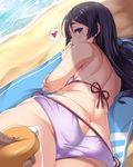  ass beach beach_towel bikini blush breasts day dutch_angle fate/grand_order fate_(series) from_behind heart highres horizon large_breasts long_hair looking_at_viewer looking_back lotion lying minamoto_no_raikou_(fate/grand_order) moisture_(chichi) ocean on_side outdoors purple_bikini purple_eyes purple_hair sand shiny shiny_hair side-tie_bikini skindentation solo_focus spoken_heart squeeze_bottle sunscreen swimsuit towel very_long_hair water 