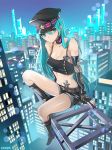  artist_name black_gloves black_hat black_nails black_shorts black_sleeves blue_eyes blue_hair breasts choker cleavage damda detached_sleeves fingerless_gloves floating_hair full_body gloves hair_between_eyes hat hatsune_miku lens_flare long_hair looking_at_viewer medium_breasts midriff nail_polish navel outdoors project_diva_(series) punk_(module) shiny shiny_clothes shiny_skin short_shorts shorts sitting solo star_hat_ornament stomach tank_top very_long_hair vocaloid 
