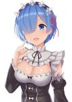  black_ribbon blue_eyes blue_hair blush breasts cleavage detached_sleeves finger_to_face frilled_sleeves frills hair_ornament hair_over_one_eye hair_ribbon highres large_breasts looking_at_viewer maid maid_headdress open_mouth pink_ribbon re:zero_kara_hajimeru_isekai_seikatsu rem_(re:zero) ribbon ribbon-trimmed_clothes ribbon_trim short_hair solo underbust upper_body x_hair_ornament zilaishui 