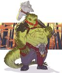  2017 5_fingers anthro crocodile crocodilian hammer holding_object holding_weapon male reptile scalie scar solo tools weapon zummeng 