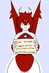  2015 anthro anthrofied breasts cleavage clothed clothing digital_media_(artwork) dragon english_text fan_character feathers female hair hi_res latias legendary_pok&eacute;mon lewdtias looking_at_viewer navel nintendo nude pok&eacute;mon pok&eacute;morph pok&eacute;shaming quin-nsfw red_feathers red_hair scalie short_hair solo text video_games white_feathers yellow_eyes 