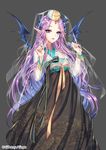  copyright_name demon_wings elf flower hair_flower hair_ornament hanbok hat interitio jewelry korean_clothes official_art pointy_ears purple_eyes purple_hair sid_story solo wings 