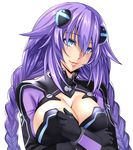  1girl bed blue_eyes blush bodysuit braid breasts choujigen_game_neptune cleavage cleavage_cutout female gloves lips long_hair looking_at_viewer lying neptune_(choujigen_game_neptune) nyamota_(noraneko_koubou) parted_lips power_symbol purple_hair purple_heart shiny shiny_hair shiny_skin smile solo symbol-shaped_pupils tied_hair twin_braids upper_body 
