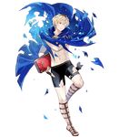  abs blonde_hair book cape fire_emblem fire_emblem_heroes fire_emblem_if full_body gloves hairband highres injury leon_(fire_emblem_if) male_focus navel official_art one_eye_closed red_eyes sandals shirtless solo swimsuit teeth tobi_(kotetsu) tomato torn_clothes transparent_background water 