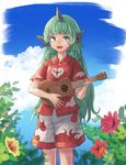  :d bangs blue_sky cloud cloud_print collared_shirt commentary_request cowboy_shot curly_hair day flower green_eyes green_hair hibiscus horn instrument kariyushi_shirt komano_aun long_hair looking_at_viewer music open_mouth outdoors playing_instrument red_flower red_shirt roke_(taikodon) shirt shorts sky smile solo standing touhou ukulele 