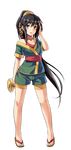  armor bare_shoulders black_hair coin_hair_ornament full_body green_shorts hair_ornament hairpin holding iwabitsu_(oshiro_project) kekemotsu long_hair official_art oshiro_project oshiro_project_re ponytail short_shorts shorts solo transparent_background very_long_hair 