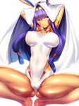  arms_up breasts competition_swimsuit covered_nipples dark_skin earrings fate/grand_order fate_(series) highres hood hoop_earrings jewelry large_breasts long_hair looking_at_viewer nitocris_(fate/grand_order) nitocris_(swimsuit_assassin)_(fate) one-piece_swimsuit purple_hair silly_(marinkomoe) simple_background smile solo spread_legs squatting swimsuit thighs white_background 