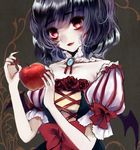  apple bangs bat_wings black_hair brooch collarbone commentary_request cosplay dress flower food frills fruit ginzuki_ringo jewelry lipstick looking_at_viewer makeup nail_polish pale_skin puffy_short_sleeves puffy_sleeves red_eyes red_flower red_lipstick red_nails red_rose remilia_scarlet rose short_hair short_sleeves smile snow_white snow_white_(cosplay) solo touhou wings 