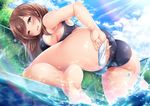  adjusting_clothes adjusting_swimsuit ass blue_sky blush breasts brown_eyes brown_hair cloud cloudy_sky commentary_request competition_swimsuit crotch day feet fence garana hips idolmaster idolmaster_cinderella_girls large_breasts legs light_rays long_hair looking_back nitta_minami one-piece_swimsuit open_mouth outdoors poolside shiny shiny_skin sideboob sky smile soles solo sparkle sunlight swim_cap swimsuit thighs tree water wet 