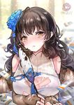  artist_name black_hair blue_bow blue_flower blue_rose blush bow breasts brown_legwear closed_mouth flower girls_frontline hair_flower hair_ornament large_breasts light_frown long_hair looking_at_viewer mirutu qbz-95_(girls_frontline) rose solo thighhighs torn_clothes yellow_eyes 