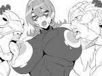  1girl 2boys areolae bangs bare_shoulders blue_eyes body_suit breasts earrings hair_between_eyes huge_breasts mask monochrome naughty_face nipples open_mouth original pobotto simple_background skin_tight sucking sweat tongue tongue_out white_background 