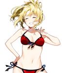  bare_arms bikini blonde_hair breasts cleavage cowboy_shot fate_(series) front-tie_bikini front-tie_top hand_on_hip medium_breasts mordred_(fate)_(all) mordred_(swimsuit_rider)_(fate) red_bikini side-tie_bikini simple_background smile solo swimsuit white_background yuzuki_kihiro 