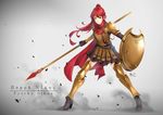  adapted_costume armor boots commentary_request forehead_protector greaves greek_letters green_eyes high_heel_boots high_heels highres javelin long_hair lulu-chan92 pleated_skirt polearm ponytail pyrrha_nikos red_hair rwby shield skirt smile solo spear vambraces weapon 