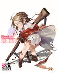  blush boots braid brown_footwear brown_hair character_name closed_mouth coat copyright_name dress_shirt from_behind full_body girls_frontline green_eyes gun hair_between_eyes highres holding holding_gun holding_weapon kneepits lee-enfield lee-enfield_(girls_frontline) long_hair looking_at_viewer looking_back medal military military_uniform official_art rei_(sanbonzakura) rifle shadow shell_casing shirt sidelocks solo torn_clothes torn_shirt uniform wavy_mouth weapon younger 