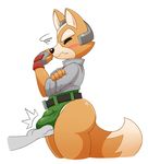  acstlu ambiguous_gender anthro blush bulge canine clothing disembodied_hand eyes_closed fingerless_gloves fondling fox fox_mccloud fur gloves jacket male male/ambiguous mammal neckerchief nintendo orange_fur simple_background solo standing star_fox video_games white_fur 