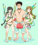  2girls admiral_(kantai_collection) alternate_costume bandaged_arm bandages bandaid bandaid_on_face bangs bare_shoulders barefoot bikini black_hair blush braid breasts brown_eyes brown_hair cleavage closed_mouth collarbone commentary_request dog_tags glasses goggles green_background green_bikini green_swimsuit grin hair_tie hand_on_hip highres innertube jewelry kantai_collection kitakami_(kantai_collection) long_hair looking_at_viewer medium_breasts multiple_girls navel necklace ooi_(kantai_collection) opaque_glasses open_mouth shadow shorts sidelocks simple_background single_braid smile stepping sweatdrop swimsuit teeth water_balloon water_gun yamada_rei_(rou) 