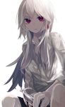  bangs black_shorts bottle collared_shirt earrings grey_shirt highres holding holding_bottle jewelry long_hair long_sleeves looking_at_viewer ogami_ren original parted_lips red_eyes shirt short_shorts shorts simple_background sitting sleeves_rolled_up solo water_bottle white_background white_hair 