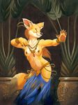  beads breasts canine claws clothed clothing dancing ear_piercing eyes_closed female fennec fox jewelry longhair mammal paws piercing plant pot_(disambiguation) scale_(artist) silks topless traditional_media_(artwork) 