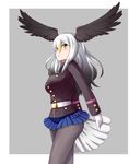  bald_eagle_(kemono_friends) belt commentary_request gloves head_wings highres kemono_friends military military_jacket military_uniform miniskirt mono_(mono60) multicolored_hair pantyhose simple_background skirt two-tone_hair uniform white_gloves white_hair yellow_eyes 
