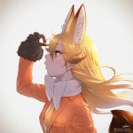  1girl animal_ears bow bowtie coat commentary_request extra_ears ezo_red_fox_(kemono_friends) fox_ears fox_tail fur_trim gloves highres kemono_friends long_hair long_sleeves necktie orange_hair profile solo tail takami_masahiro upper_body yellow_eyes 