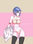  axia-chan black_legwear blue_eyes blue_hair bra breasts ciel contrapposto groin highres medium_breasts navel panties partially_undressed sketch skindentation solo standing strap_slip tattoo thighhighs tsukihime underwear undressing watermark web_address yellow_bra yellow_panties 