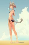  animal_ears ass barefoot bikini blush breasts brown_hair cloud day earrings fang food from_behind full_body green_eyes highres jewelry looking_back mr_very multiple_earrings original ponytail popsicle short_hair sky small_breasts solo swimsuit tail tan tanline 
