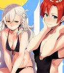  black_swimsuit boudica_(fate/grand_order) commentary_request fate/grand_order fate_(series) green_eyes kerorira long_hair multiple_girls o-ring o-ring_bottom olga_marie_animusphere red_hair silver_hair swimsuit white_hair yellow_eyes 