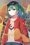  bangs earrings eyewear_on_head green_eyes green_hair hatsune_miku highres jacket jewelry long_hair mask omelet_tomato suna_no_wakusei_(vocaloid) sunglasses vocaloid 