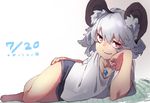  animal_ears arm_support bangs bare_legs barefoot dated grey_hair grin highres jewelry looking_at_viewer lying mouse_ears nazrin on_side pendant red_eyes reiga_(act000) shirt short_hair short_shorts short_sleeves shorts smile solo sweat touhou white_background white_shirt 