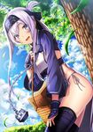  :d ainu ainu_clothes blue_eyes blue_headband blue_jacket chain cropped_jacket folded_ponytail hair_between_eyes headband jacket kamoi_(kantai_collection) kantai_collection kyon_(fuuran) leaf long_hair long_sleeves open_mouth smile solo tree white_hair 