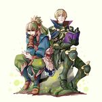  armor blonde_hair book fire_emblem fire_emblem_if frown gloves greaves highres holding holding_book leon_(fire_emblem_if) multiple_boys ponytail rock sitting sitting_on_object takumi_(fire_emblem_if) white_background white_hair 