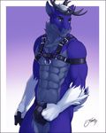  2017 5_fingers abs anthro antlers biceps blue_eyes blue_fur bulge cervine clothing deer eyebrows feralise fur gloves_(marking) hair hand_on_crotch harness horn looking_aside male mammal markings multicolored_fur muscular pose simple_background smile snout solo standing teasing tight_underwear underwear white_fur white_hair 