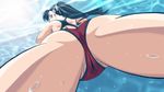  black_hair competition_swimsuit crotch earrings from_behind jewelry kimura_takahiro long_hair looking_back official_art one-piece_swimsuit solo swimming swimsuit underwater variable_geo yanase_kaori 