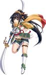  armor armpits black_hair boots breastplate coin_hair_ornament full_body green_shorts hair_ornament hairpin high_heel_boots high_heels holding holding_spear holding_weapon iwabitsu_(oshiro_project) kekemotsu long_hair midriff navel official_art orange_scarf oshiro_project oshiro_project_re polearm ponytail purple_eyes scarf short_shorts shorts sleeveless solo spear transparent_background very_long_hair weapon white_footwear white_legwear 