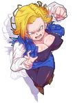  1girl android_18 blonde_hair blue_eyes breasts cleavage dragon_ball dragonball_z earrings erect_nipples looking_at_viewer open_mouth rickert_kai solo 