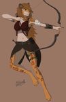  4_toes alibiwolf angry arrow athro barefoot bow brown_fur brown_hair clothed clothing feet feline female fully_clothed fur hair hi_res long_hair mammal navel quiver saber-toothed_cat seykar solo steampunk toes top yellow_eyes 