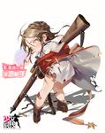  blush boots braid brown_footwear brown_hair character_name closed_mouth coat copyright_name dress_shirt from_behind full_body girls_frontline green_eyes gun hair_between_eyes highres holding holding_gun holding_weapon kneepits lee-enfield lee-enfield_(girls_frontline) long_hair looking_at_viewer looking_back medal military military_uniform official_art rei_(sanbonzakura) rifle shadow shell_casing shirt sidelocks solo torn_clothes torn_shirt uniform wavy_mouth weapon younger 