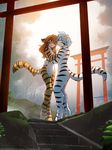  2017 alternate_species anthro anthrofied blue_hair brown_hair casual_nudity convenient_censorship digitigrade duo ears_back eyes_closed feline female flora_(twokinds) fur hair hi_res hug keidran male mammal nude orange_fur raining romantic_couple smile striped_fur stripes tiger tiger_trace tom_fischbach trace_legacy twokinds webcomic wet white_fur 