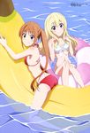  absurdres aho_girl ass banana bikini blonde_hair blush breasts brown_eyes brown_hair cleavage eyebrows_visible_through_hair food fruit hanabatake_yoshiko highres konno_miki long_hair looking_at_viewer medium_breasts multi-strapped_bikini multiple_girls navel official_art ponytail red_bikini red_eyes sitting small_breasts smile sumino_sayaka swimsuit white_bikini 