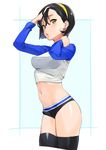  arms_up black_hair black_legwear boyshorts breasts contrapposto copyright_request cowboy_shot crop_top cropped_legs earrings hairband hand_in_hair highres jewelry kamo_kamen long_sleeves looking_at_viewer medium_breasts midriff navel outside_border parted_lips raglan_sleeves short_hair simple_background solo standing stud_earrings thighhighs yellow_eyes 